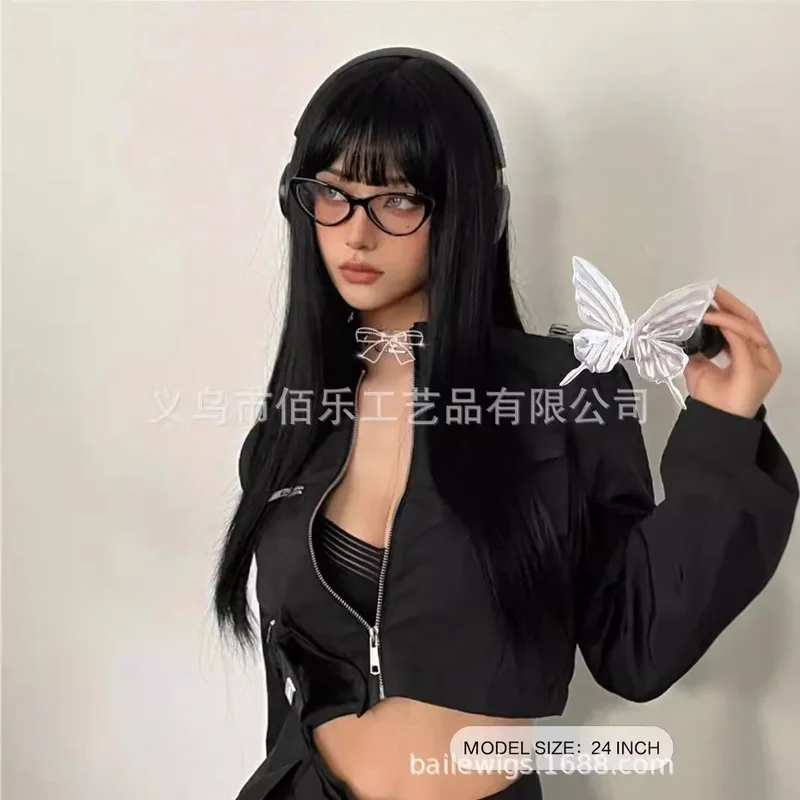 Black long straight wig with bangs, Xiyin hot-selling full head synthetic high-temperature fiber wigs