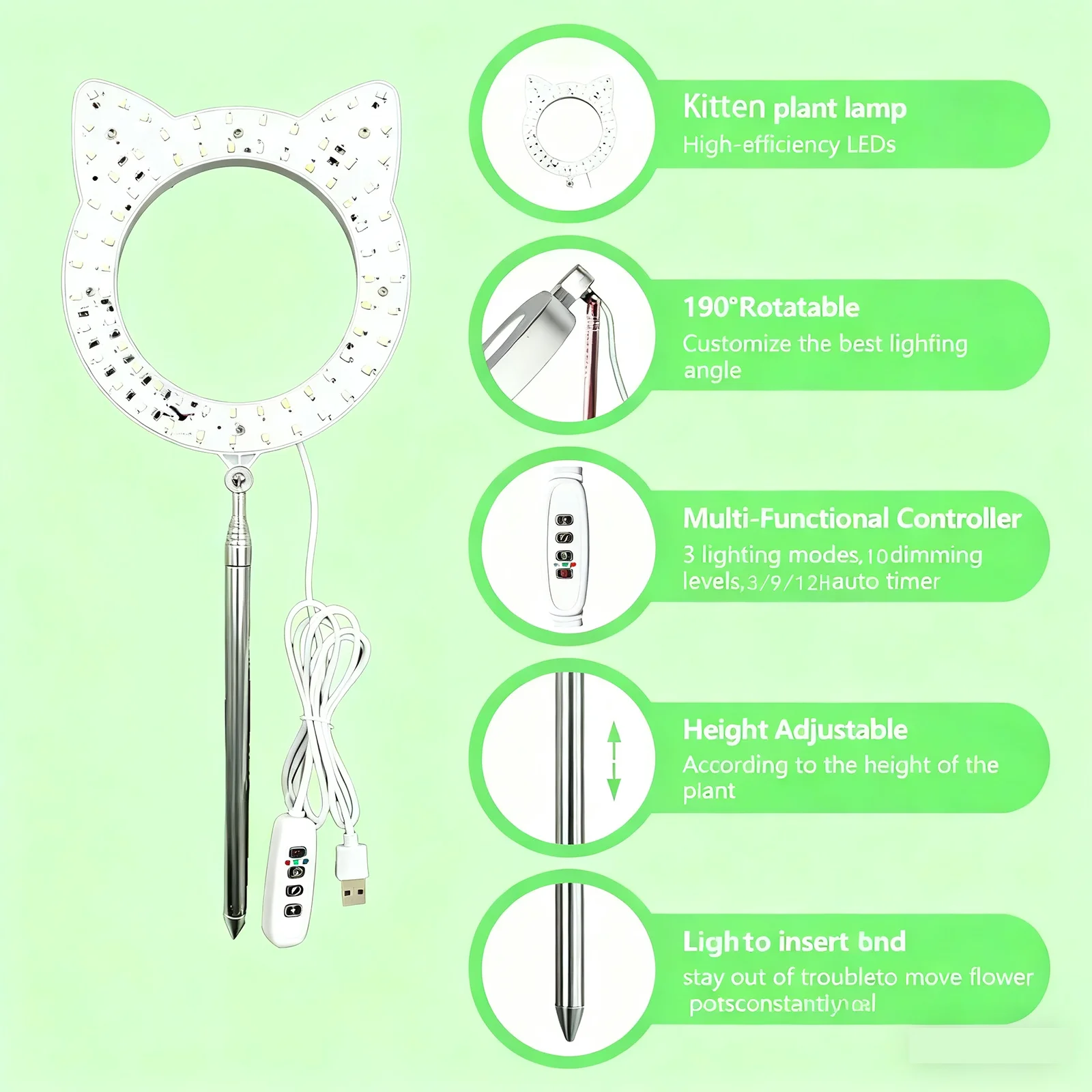 ضوء نمو كامل الطيف على شكل قطة، وعاء ضوء نباتي داخلي، 10 سطوع قابل للتعديل، 3 أوضاع ألوان، ارتفاع قابل للتعديل #2