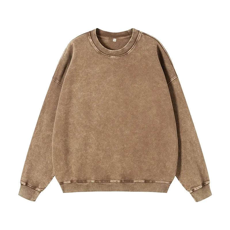 كنزة رجالية فضفاضة مغسولة برقبة مستديرة ، أنماط الأمريكية ، مكشوفة الكتفين ، كنزة صوفية بسيطة للزوجين ، ملابس هيب هوب ، 350 جم/متر مربع