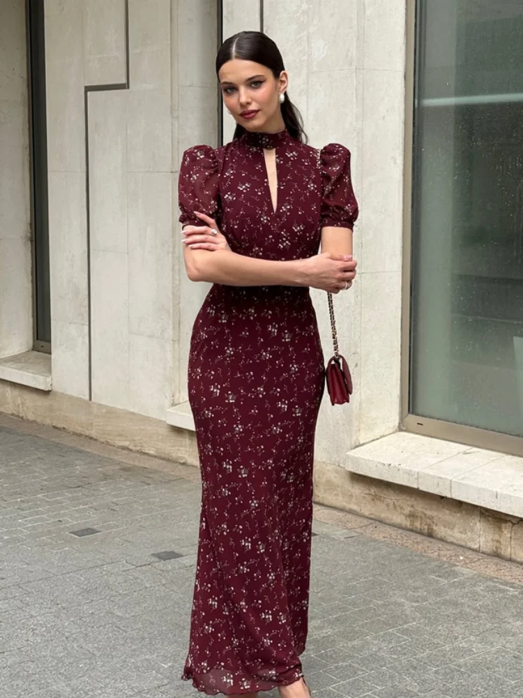 

Элегантное женское макси-платье с цветочным принтом, воротником-стойкой, завышенной талией, вырезами и пышными рукавами, приталенное, для праздников и вечеринок, 2026