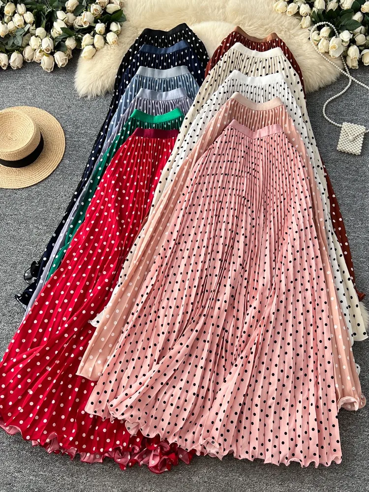 

Korean dot pleated Skirt elegant skirt for women spring Skinny elastic high waisted A-line Maxi Skirts Sexy Woman Clothing