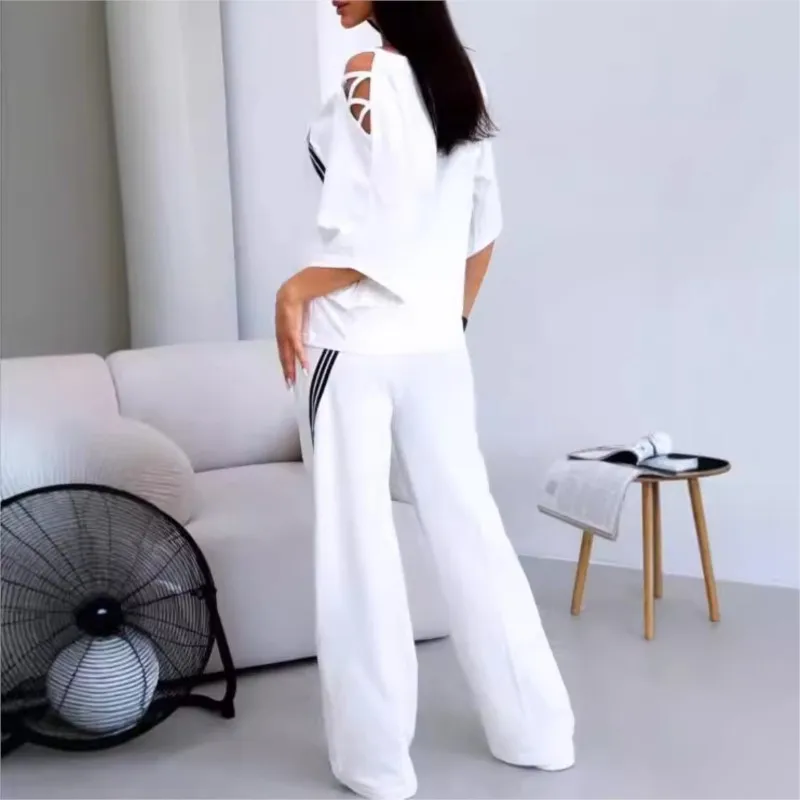 Autumn Fashion Casual Women Two Piece Set Half Sleeved Off-shoulder Oblique Neck Stripes Color-blocking Loose Sports Suit Female