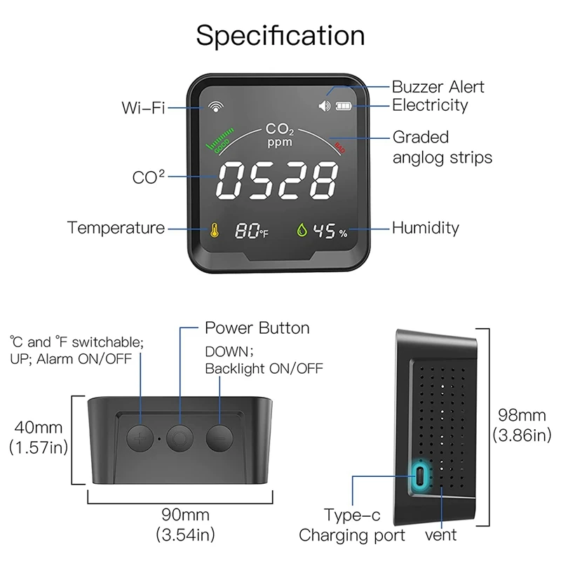 Imagem -06 - Detector de Co2 Monitor Interno da Qualidade do ar Detector de Dióxido de Carbono do Sensor de Ndir Verificador de ar da Umidade da Temperatura