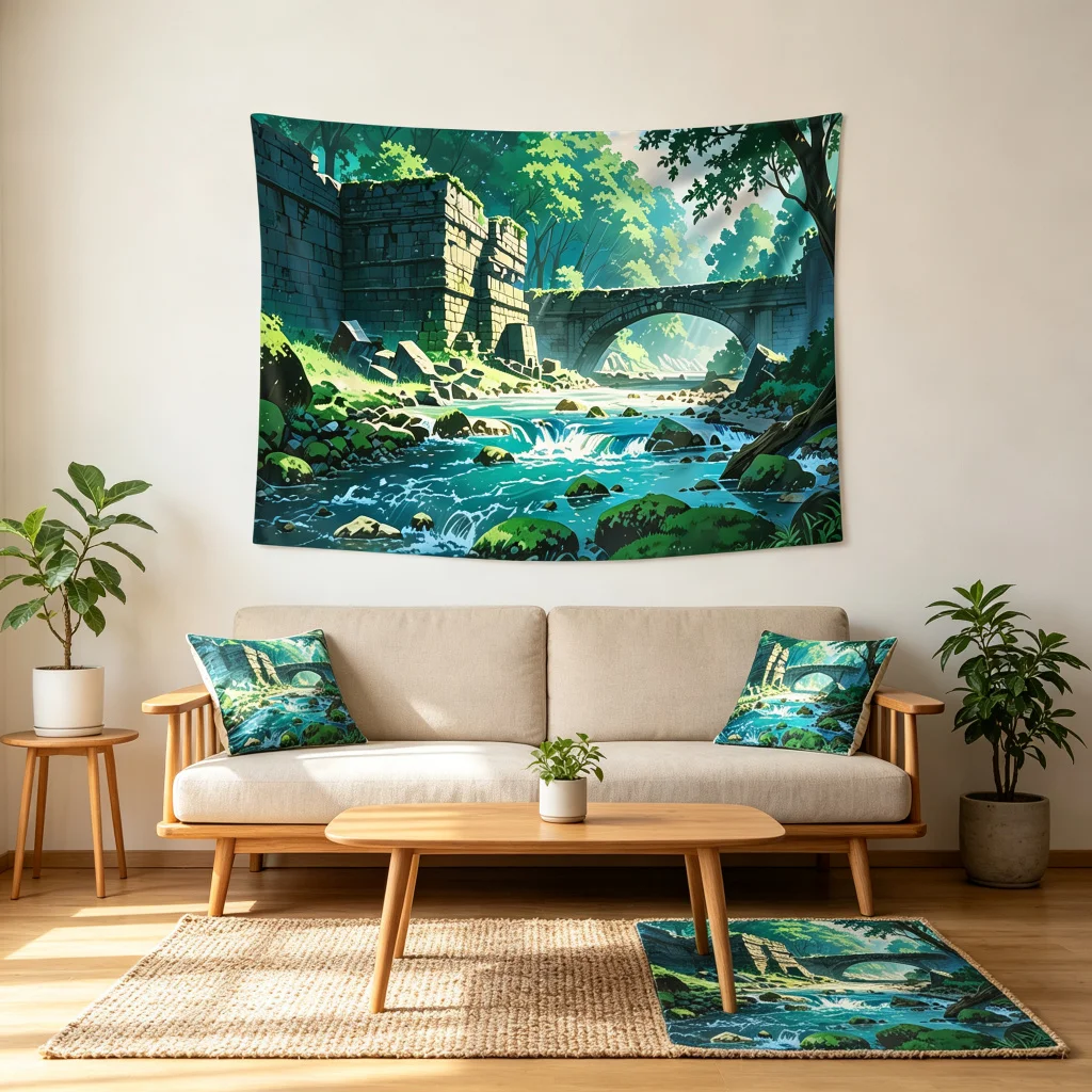 1PC Anime Stream Bridge View Art Print Backdrop Banner, Bedroom Living Room Photo Background, Polyester, Home Decor, Wall Art