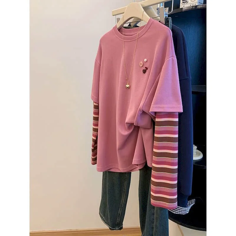 Loose T-shirts O-neck Fake Two-piece Contrast Color Striped Tops Vintage Casual American Style Long Sleeve Autumn Women Clothing