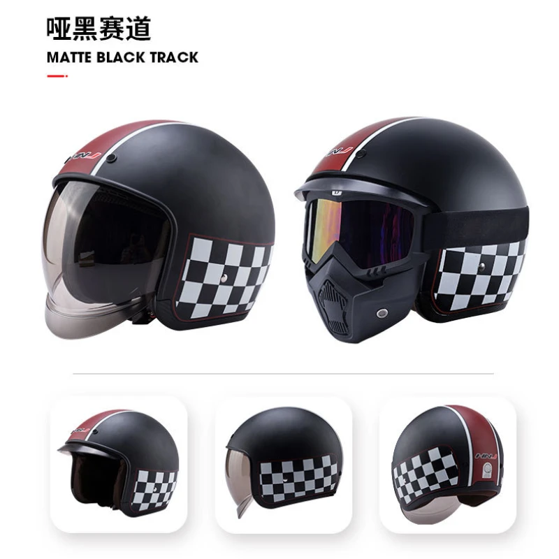 HNJ Motorcycle Helmet Four Season Universal Retro Off-road Motorcycle Helmet Safe Half Helmet Checkerboard Fashion Graffiti