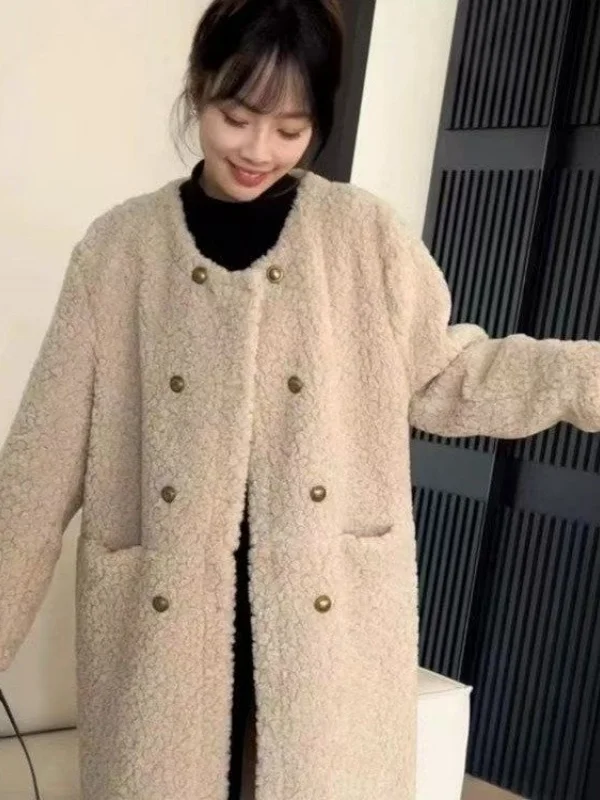 따뜻한 양털 자켓 중간 길이 캐주얼 스타일 다용도 루즈핏 아우터웨어 가을 겨울 시즌 패셔너블 여성 코트