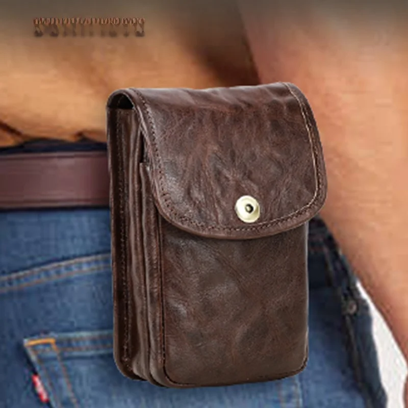genuine-leather-outdoor-waist-bag-top-layer-cowhide-men's-belt-phone-bag-flip-cover-large-capacity-travel-storage-wallet