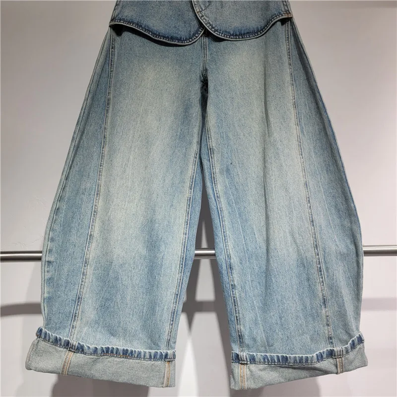 SuperAen Spring 2026 New Korean Style Denim Loose Wide-leg Pants Pocket Patchwork High Waist Distressed Blue Full Length Design