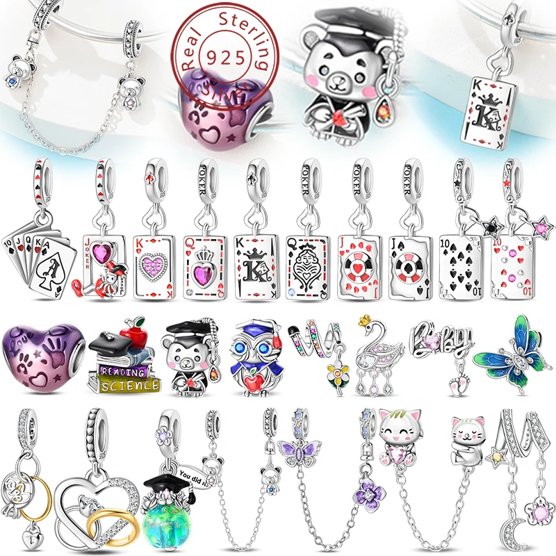S925 Sterling Silber Poker Karte Abschluss Bär Eule Liebhaber Ring Charms Perlen 3mm Fit Original Armbänder DIY Edlen Schmuck machen