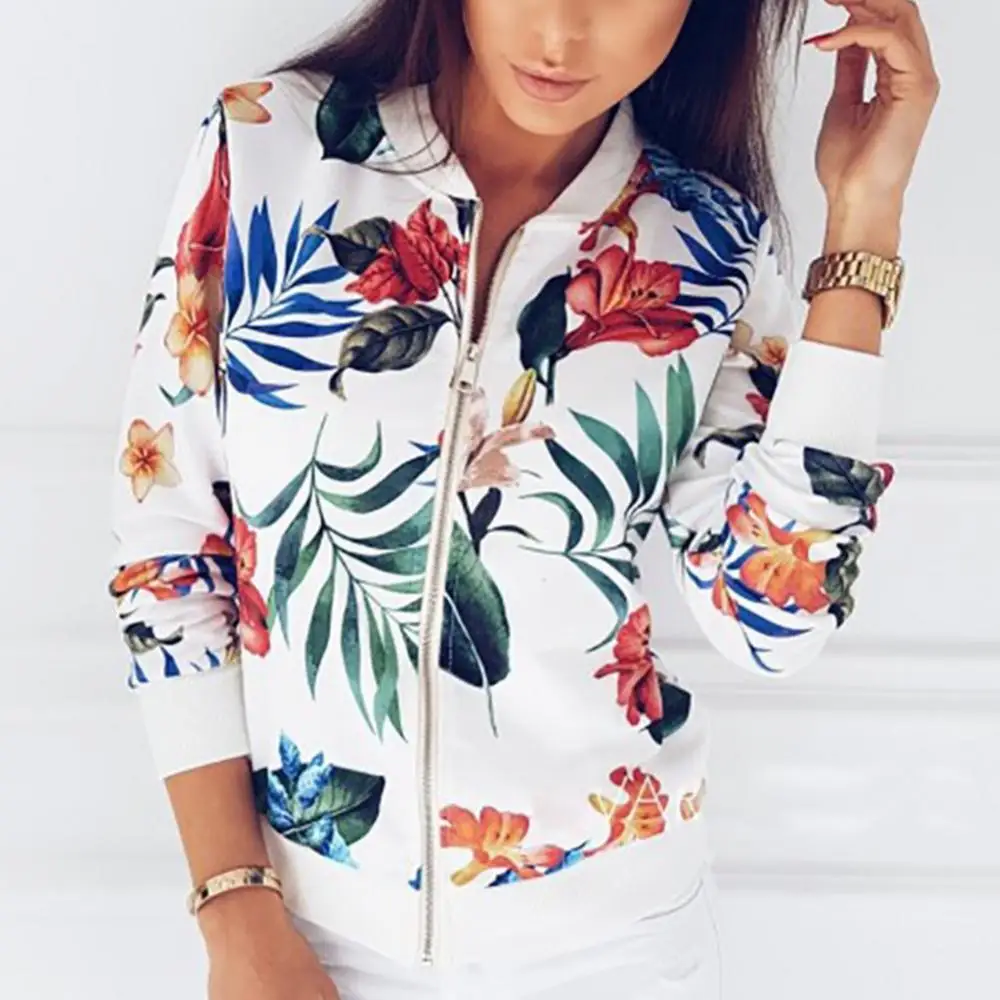 

Women Floral Jackets Spring Summer Long Sleeve Zipper Print Jacket Casual Pocket Slim Female Fashion Outwears Plus Size