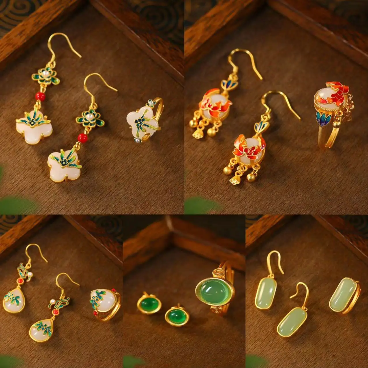 

Ethnic Chinese Painted Enamel Earrings Rings for Women Flower Shaped Gold Plated Inlay Jade Luxury Jewelry Set Anniversary Gift