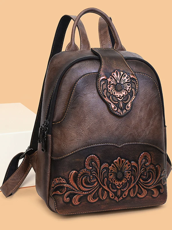 High-End Casual Floral Embossed Large Capacity Backpack Women's 2025 New Style Retro Ethnic Double Shoulder Bag for Elderly M...