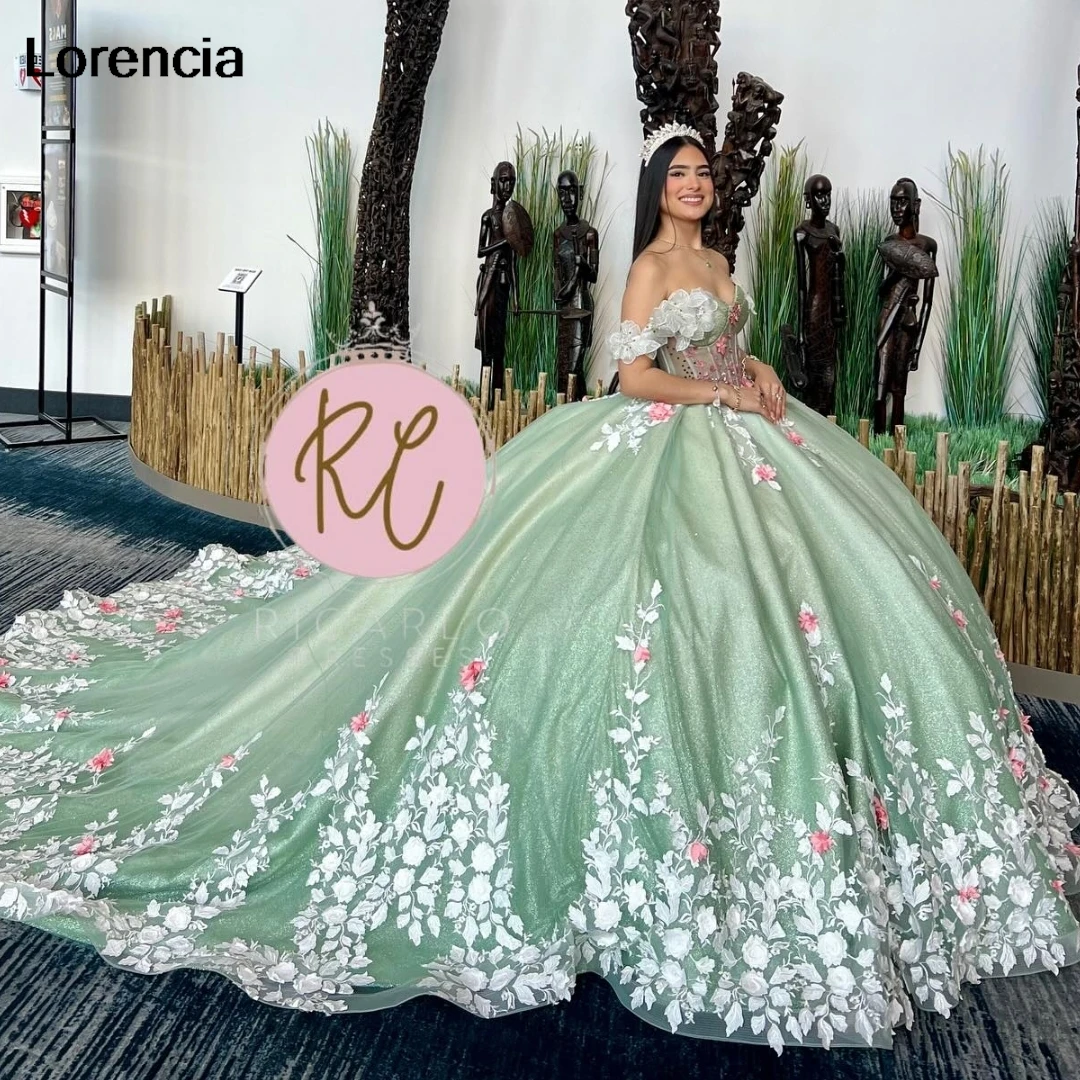 

Lorencia Mexican Mint Green Quinceanera Dress Ball Gown 3D Floral Applique Beaded Corset Sweet 16 Vestidos De 15 Años YQD850