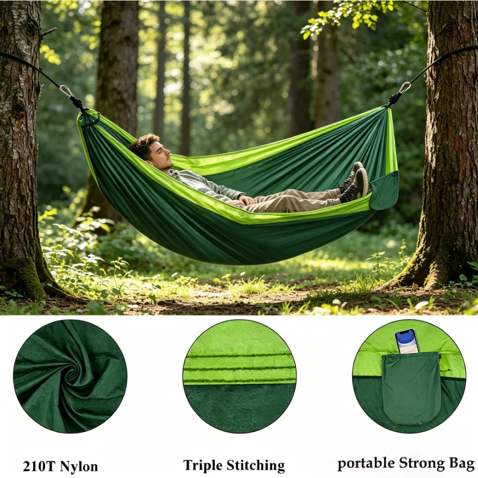 Single Person Portable Outdoor Camping Hammock With Nylon Color Matching Hammock High Strength Parachute Fabric Hanging Bed