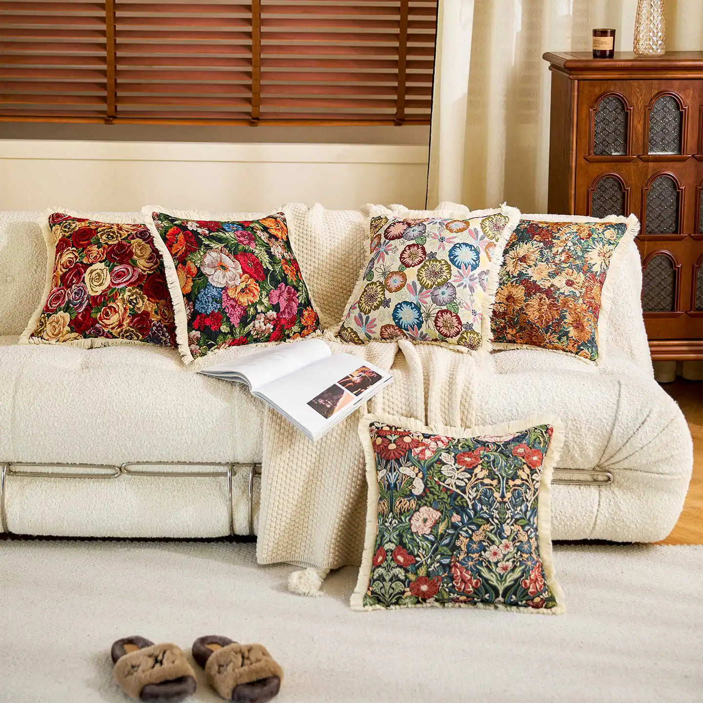 Pastoral Style Floral Cotton and Linen Throw Pillowcase Cojines Jacquard Yarn-Dyed Pillow Cushion Cover Funda Cogines De 45x45