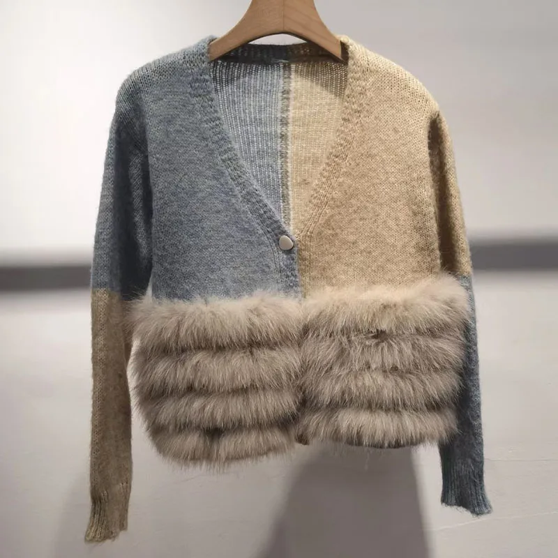 2024 neue echte Pelz, Frauen gestrickt Strickjacke Mantel mit echtem Fuchs Fell Langarm warme Herbst Strickwaren kausalen Chic Hit Farbe weiblich ja