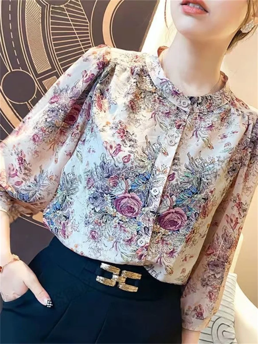 Woman Summer Style Chiffon Blouses Tops Lady Casual Half Lantern Sleeve Stand Collar Flower Printed Blusas Tops DF4386