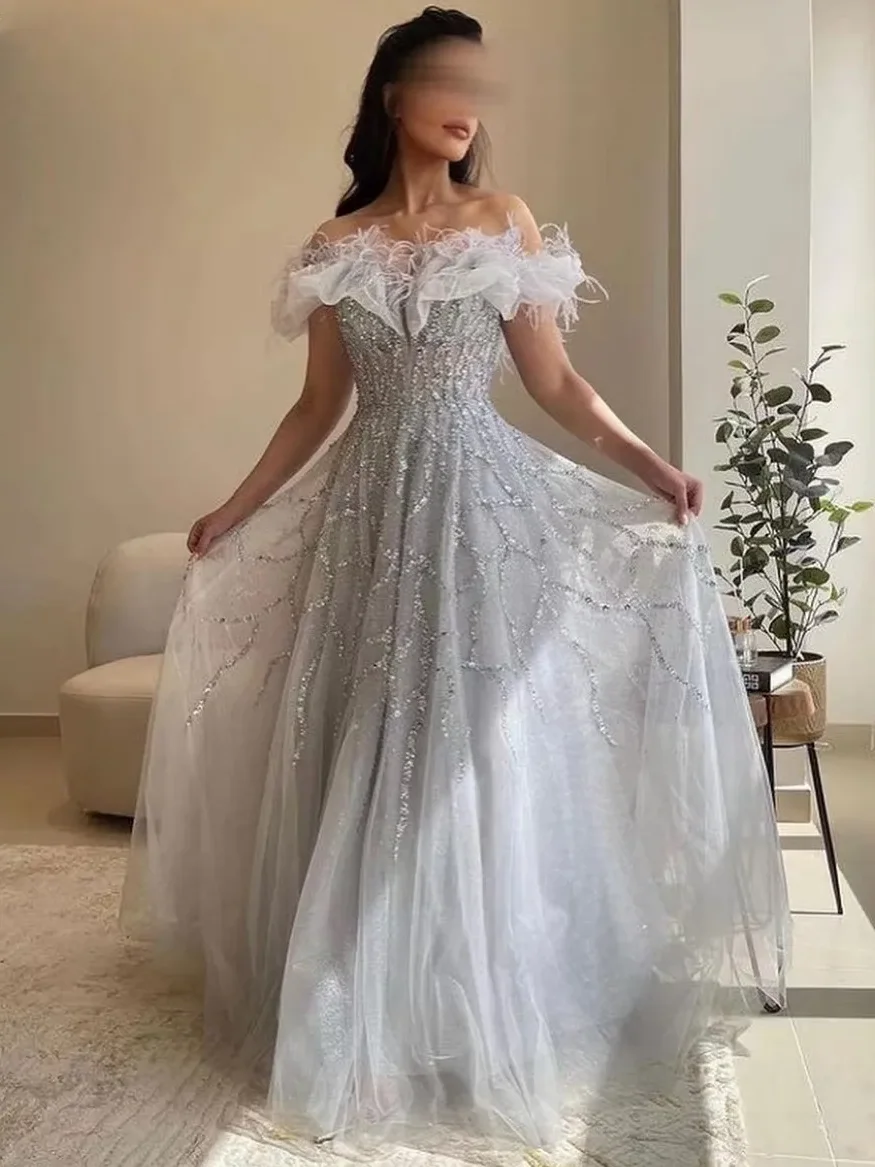 

Oisslec Bateau Neck Prom Dresses Feathers Beaded Luxury Pageant Party Long Tulle Elegant Formal Evening Gown A Line Vestidos