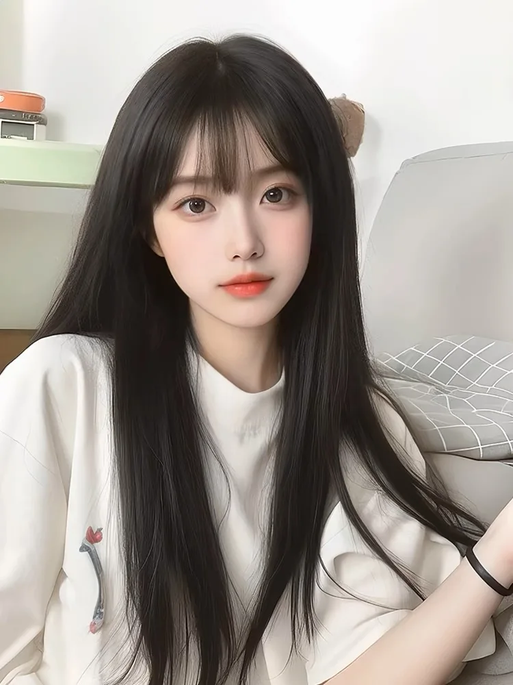 

Black Synthetic Wig Fluffy Natural Fringe Waist-Length Straight Hair Women Cosplay Daily Use Of Heat-Resistant Full Head Cover