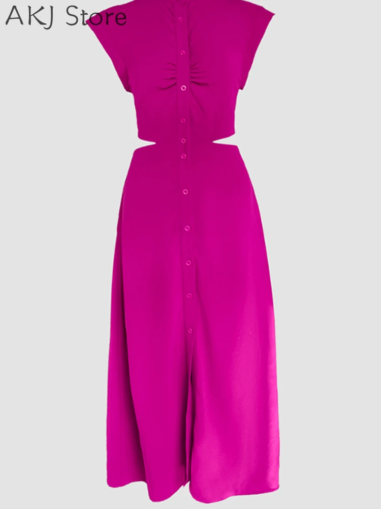 여성용 컷아웃 버튼 다운 신축성 있는 허리 맥시 드레스