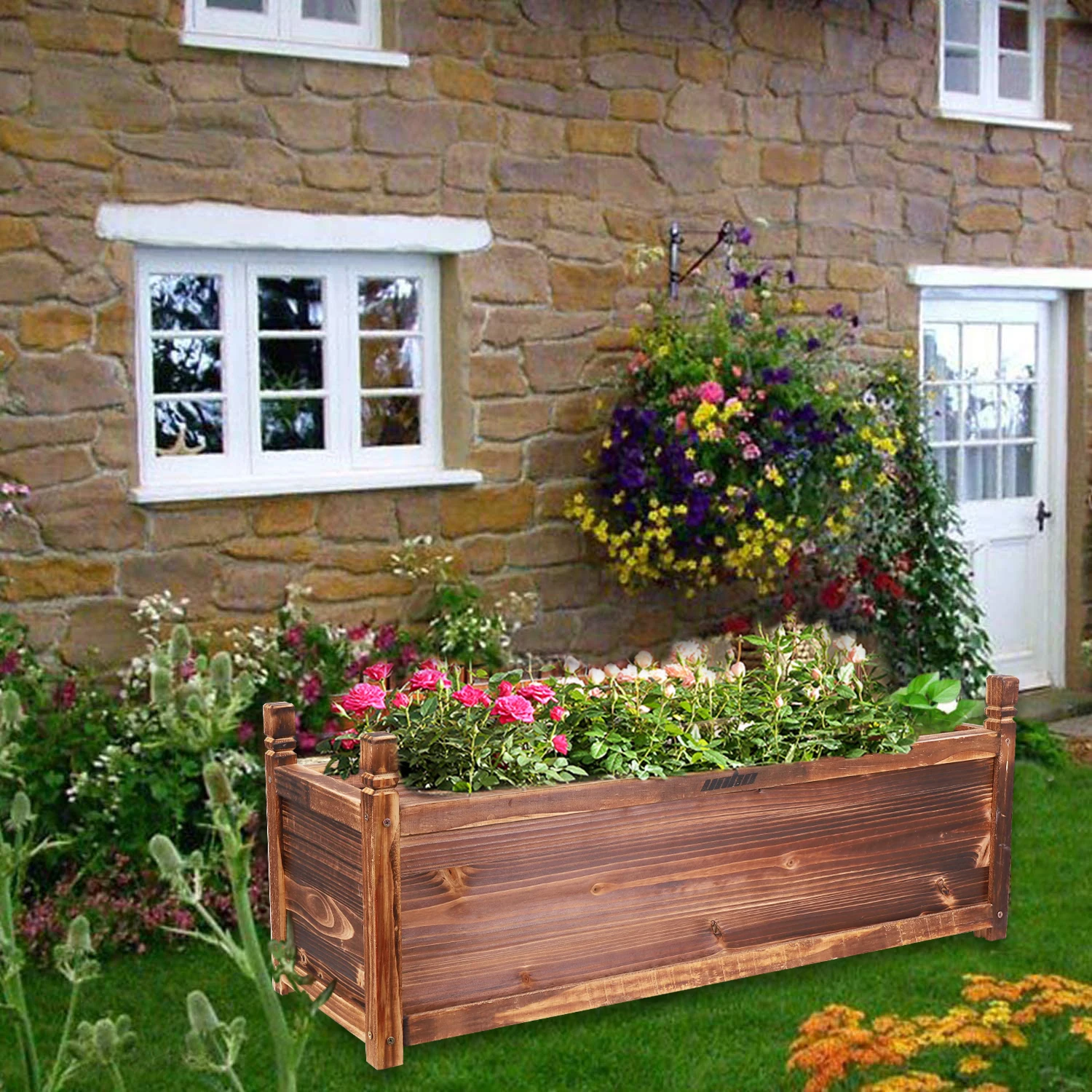 Sturdy Wooden Rectangular Planter Box Raised Garden Yard Patio Flower Vegetable Planter Bed Indoors Outdoors/Indoors