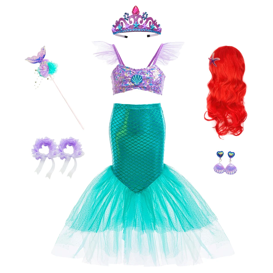 Mädchen-Meerjungfrauen-Cosplay 3-teiliges Outfit Pailletten-Träger-Crop-Top Fischschuppen-Print Tüll-Meerjungfrauenflosse Rock für Halloween-Geburtstagsfeier