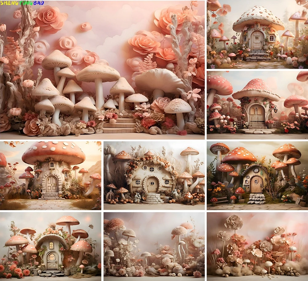 

Fabulous Mushroom House Fantasy landscape Photography Backdrops Fairy Tale Town Street In Dreamy Sunrise Photo Background TT-01
