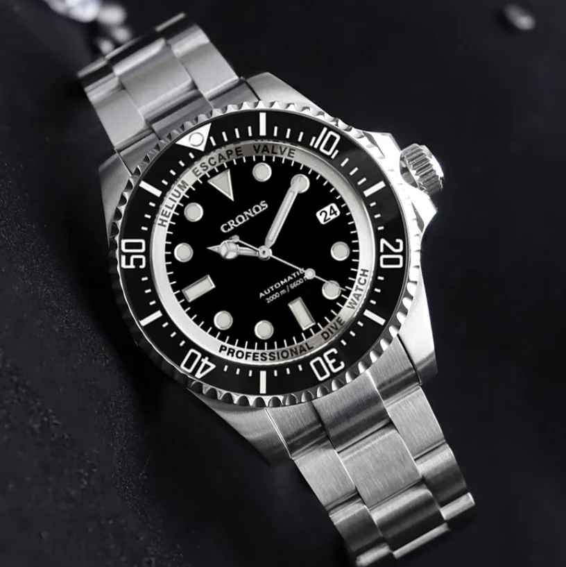 CRONOS Men Automatic Watch 44mm Mechanical Wristwatch Sapphire Mirror Diver 200Bar Waterproof BGW-9 Luminous NN35 Ceramic Bezel