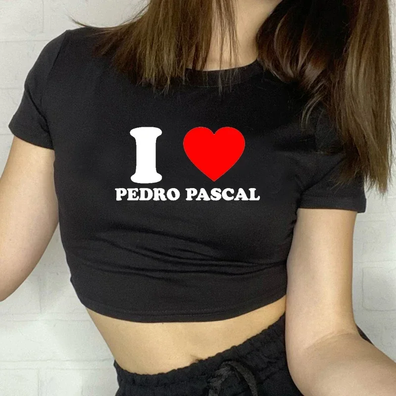 I Love Pedro Pascal Funny Red Love Heart Women Cropped Top 2000s Grunge Baby Tee Causal Baby Tee Harajuku T-shirts Femme