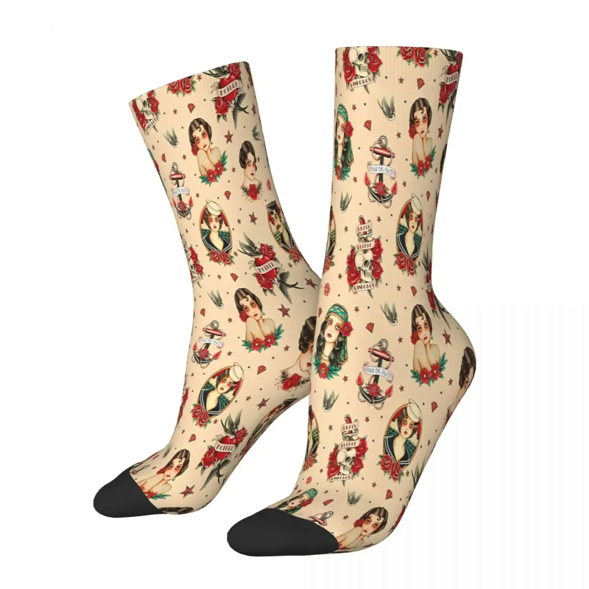 Old School Tattoo 02 Beige Socks Male Mens Women Autumn Stockings Printed