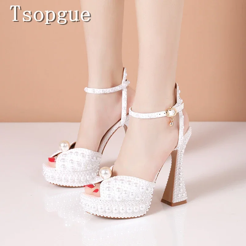 

Luxury Pearl Peep Toe Women Wedding Shoes Fashionable Waterproof Platform Ankle Strap Super High Heels Sandals