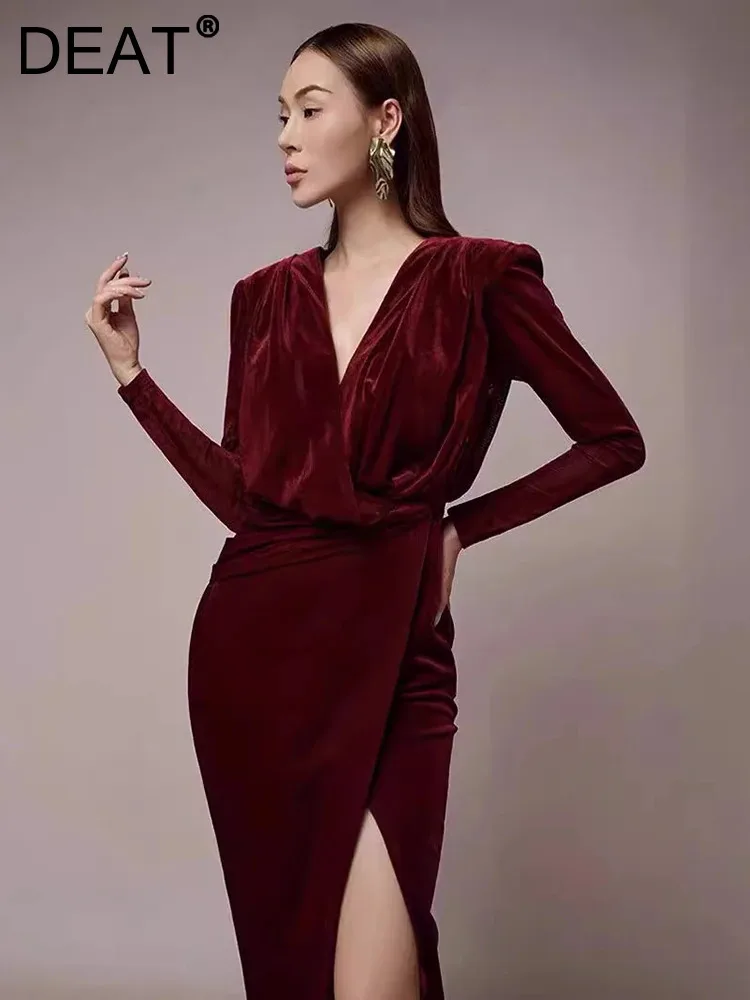 

DEAT Elegant Dress Shoulder Pad Velvet Cross Split Slim V-Nevk Waist Women's Evening Party Dresses 2024 Autumn New Tide 13DB7079