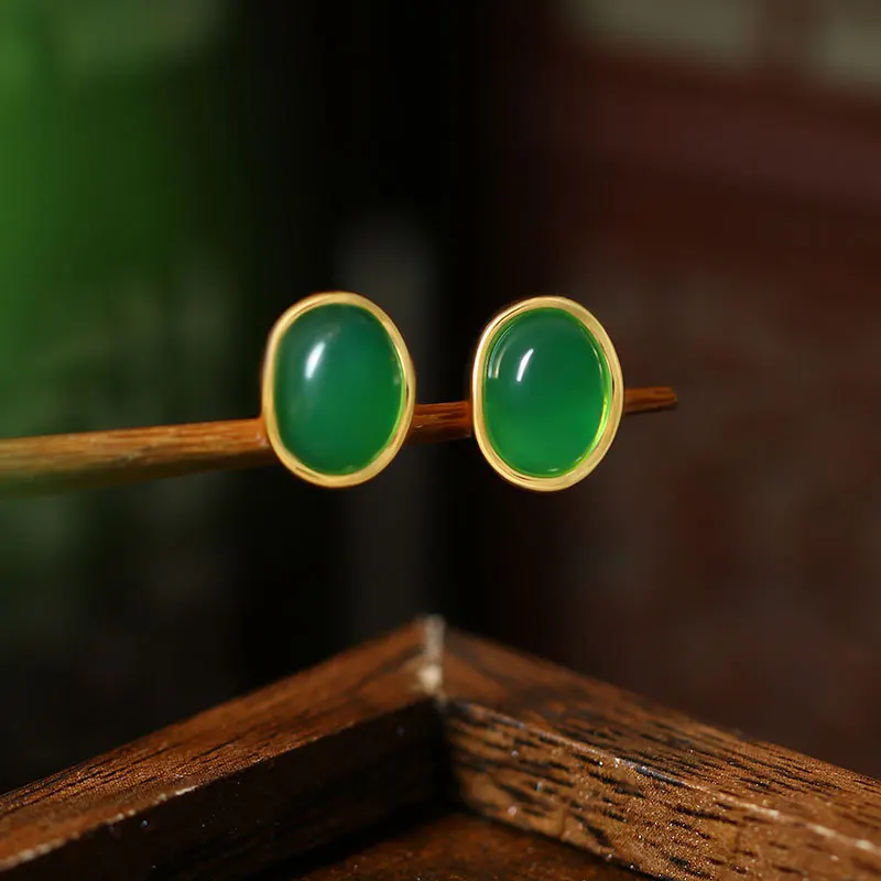 الأخضر الطبيعي اليشم أقراط الأذن مربط سحر تميمة هدايا للنساء مصمم خمر الفاخرة 18K مطلية بالذهب الإكسسوارات