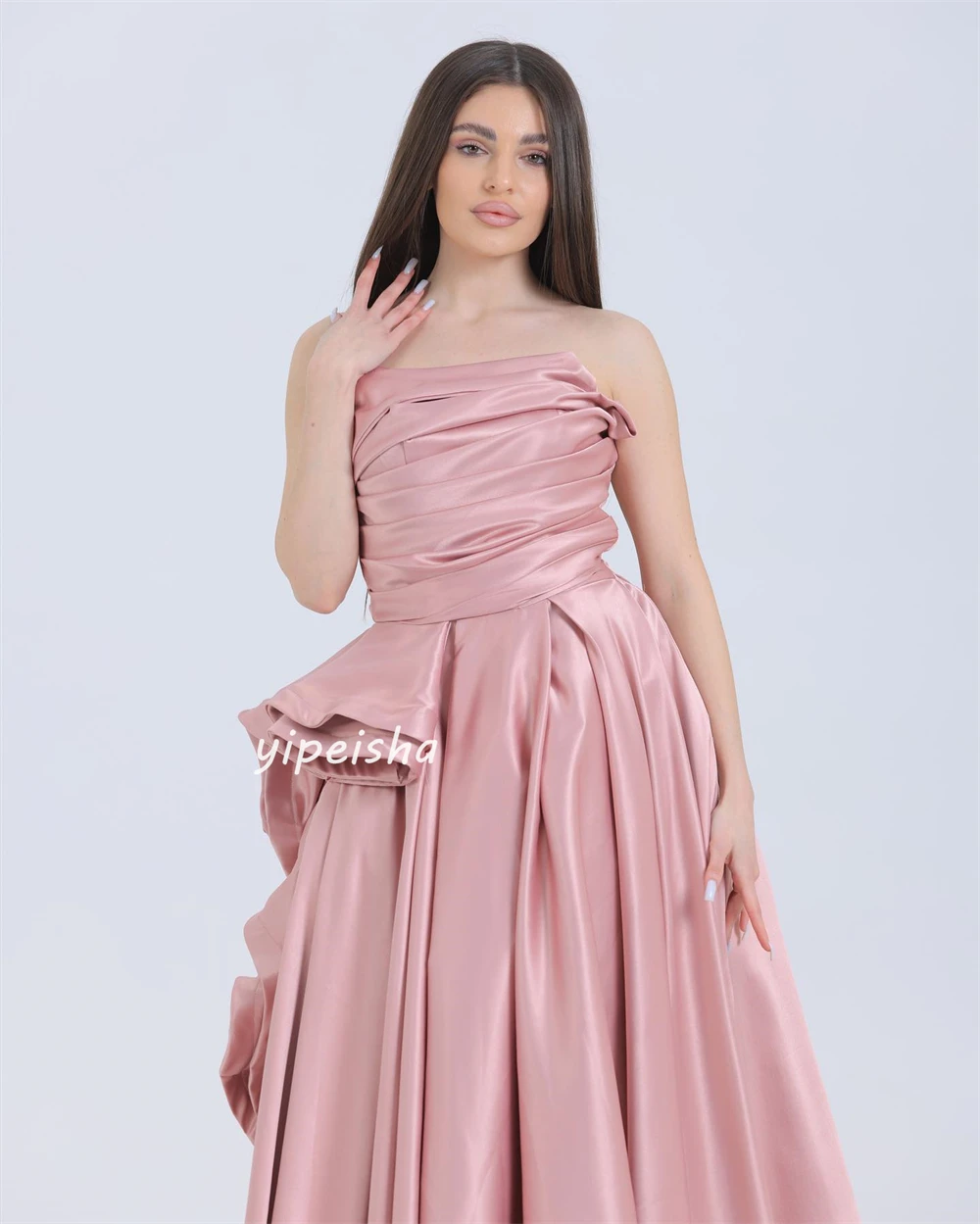 Jiayigong   Evening Saudi Arabia Satin Ruched Christmas A-line Strapless Bespoke Occasion Gown Midi Dresses