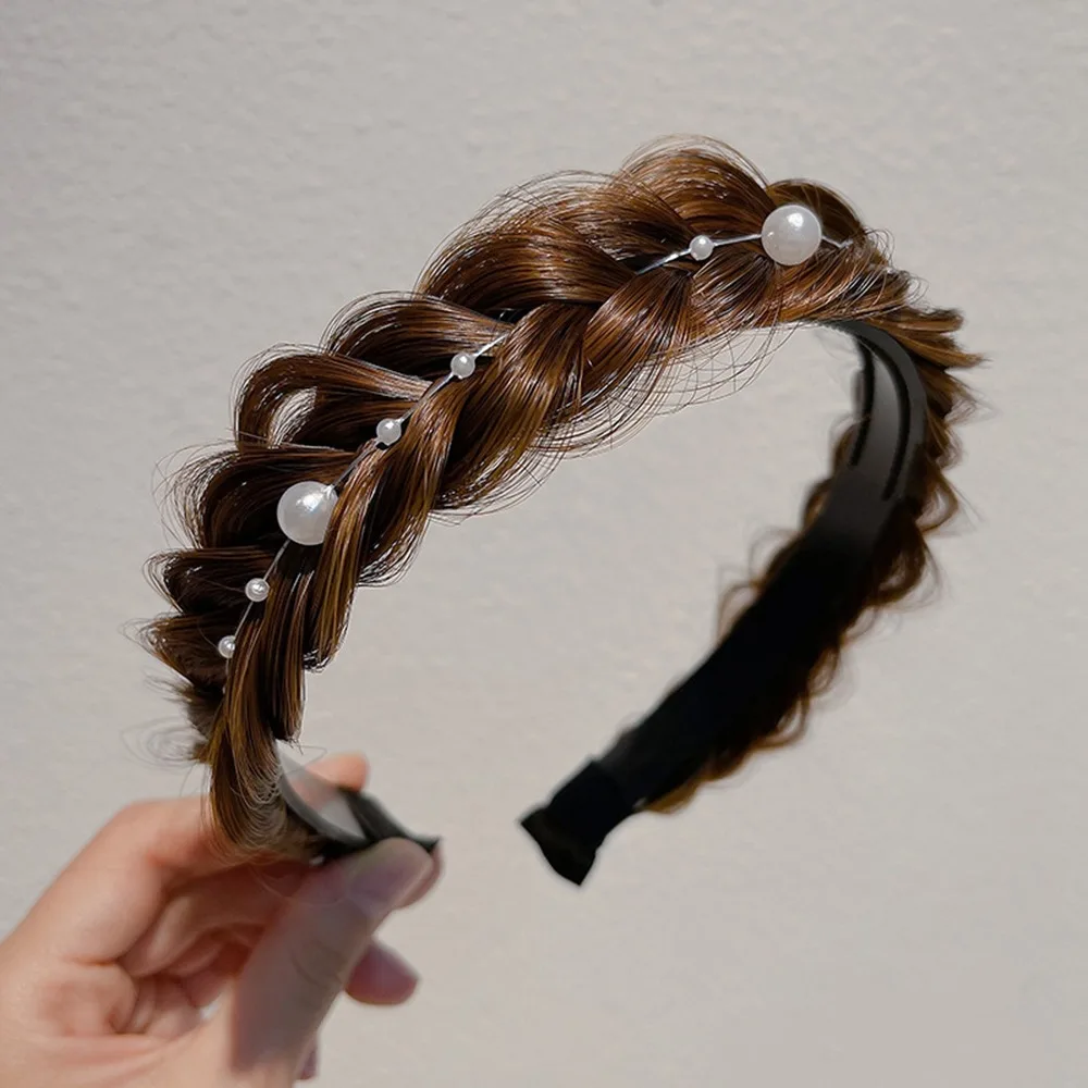 

Retro Synthetic Fishbone Braid Headband Non-slip Wide Twisted Wig Headband Trendy Headwear Pearl Korean Head Wrap Girl