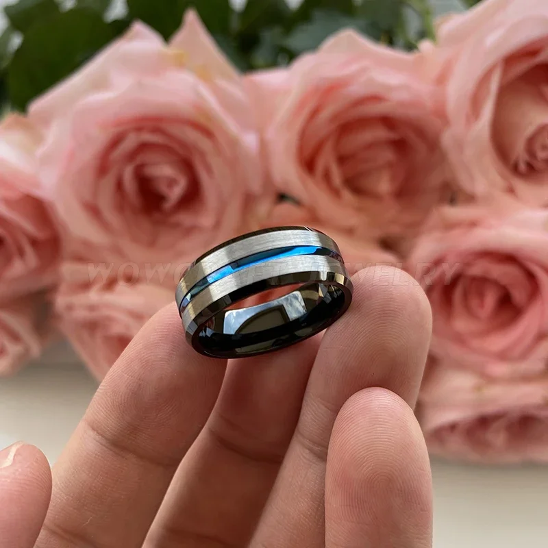 Tungsten Carbide Rings Finger Promise Engagement Fashion Wedding Band Blue Black Comfort Fit