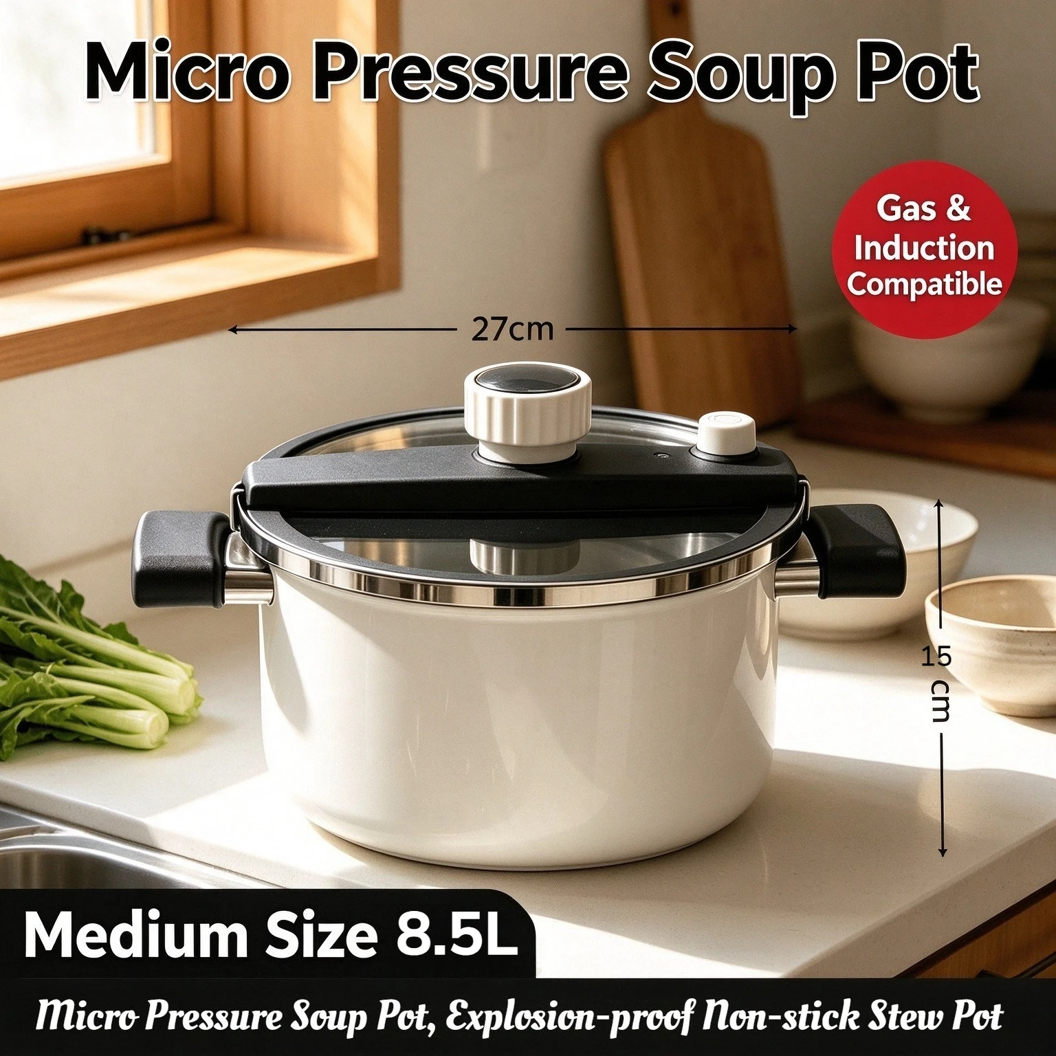 7.5/8.5L Micro Pressure Non-stick Stew Pot, Explosion-proof Double Handle Soup Pot, Compatible with Gas and Induction Cooker