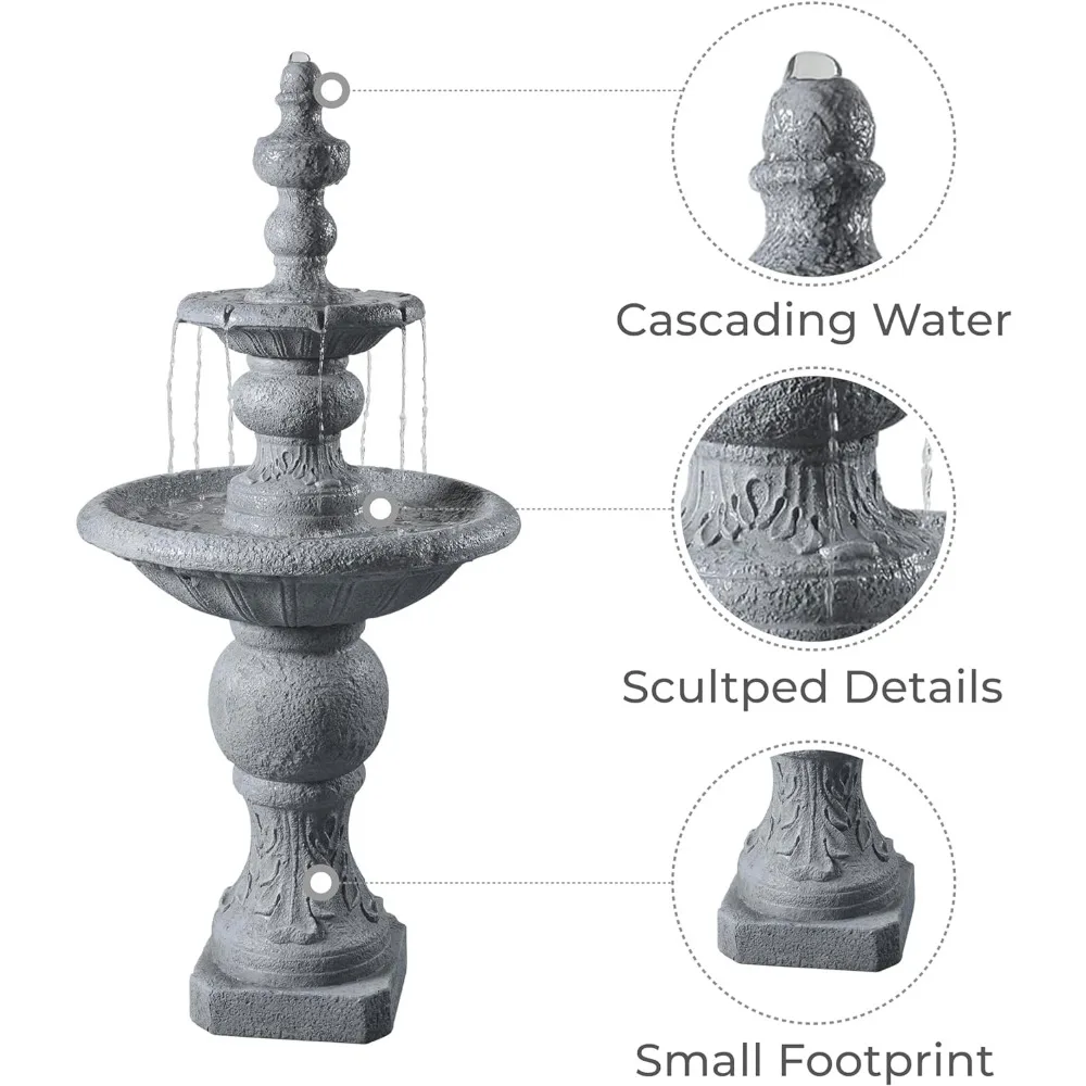 52.56 in. Outdoor Two-Tier Water Fountain with Realistic Icy Stone Texture for Outdoor Living Spaces Creating A Calming Oasis