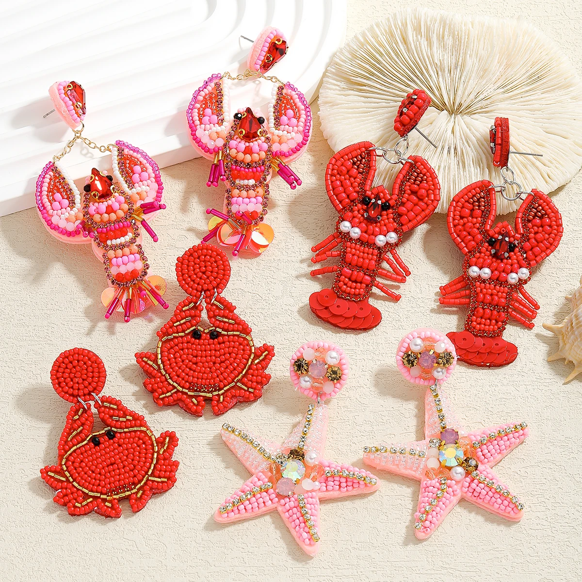 

Bohemian Handmade Red Color Shell Lobster Drop Dangle Earrings for Women Vintage Summer Beach Sea Animal Piercing Jewelry Gift