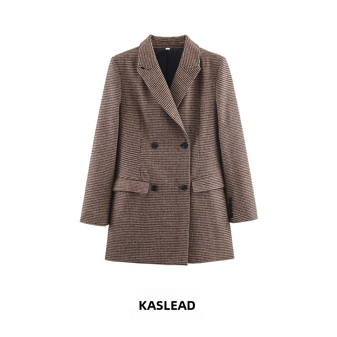 

KASLEAD New Women's Faion Street Sle Plaid Mid-Length Suit Jaet Versatile Simple Design Polyester Fiber Long Sve Coat