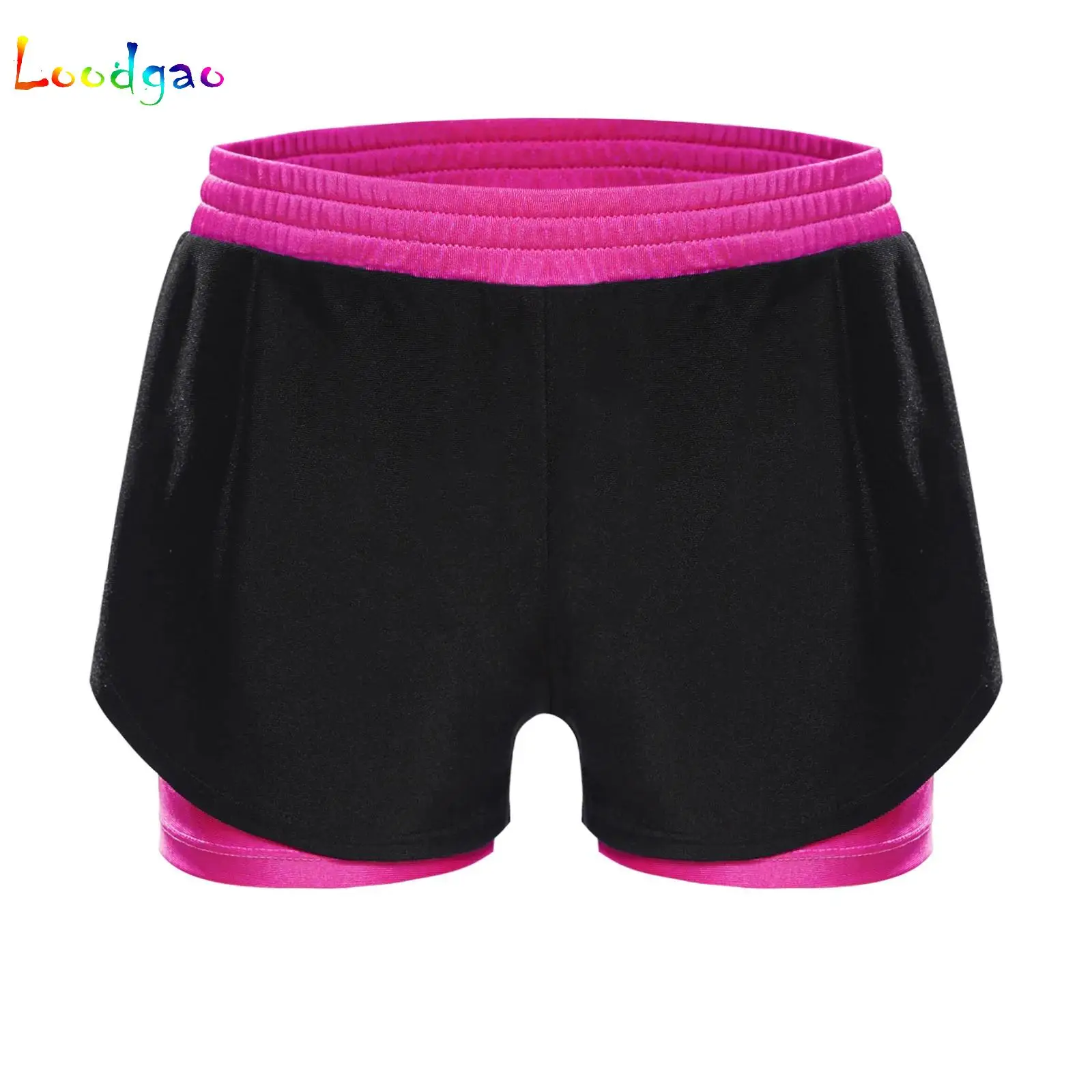 Child Girls Sports Shorts Elastic Waistband Double-Layer Contrasting Shorts for Workout Exercise Yoga Running Cycling Bottoms