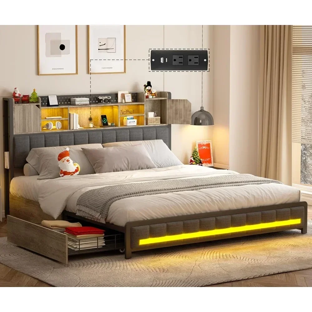 

Queen Bed Frame with 4 Storage Drawers and Bookcase Headboard, Upholstered LED Bed Frame Queen