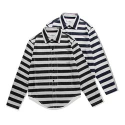 Retro Loose Large Striped Short-Sleeved Clothes, Tooling, Motorcycle Shirts, Outdoor Hiking, Climbing Cardigan, Overalls