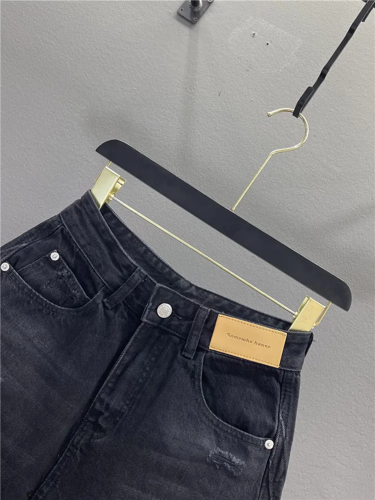 High Waist Loose Fit Casual Black Denim Five-Point Pants Women's Jeans Hole Design Summer Casual Straight Leg Trousers
