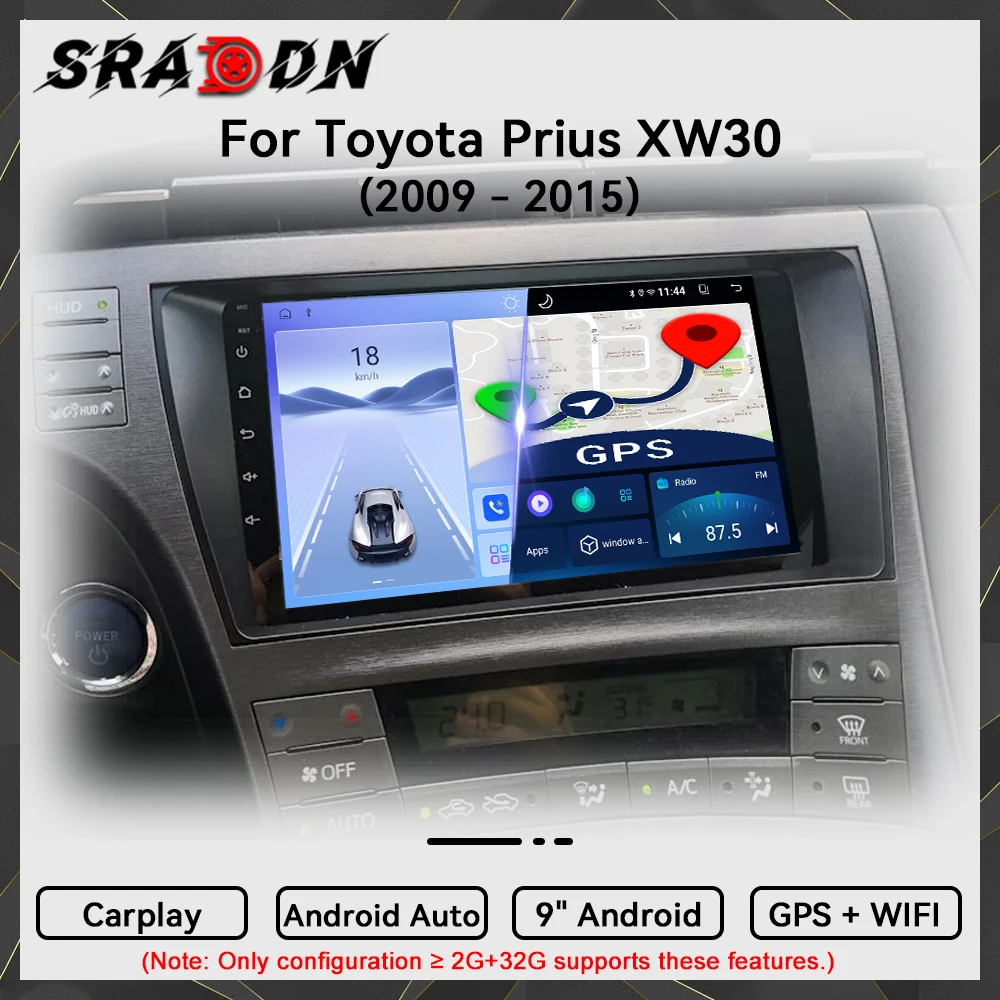 Para Toyota Prius XW30 2009 2010 2011 2012 2013 2014 2015 Android Car Radio Reproductor de video multimedia automotriz Navegación GPS Carplay Pantalla táctil Auto Estéreo Sistemas inteligentes