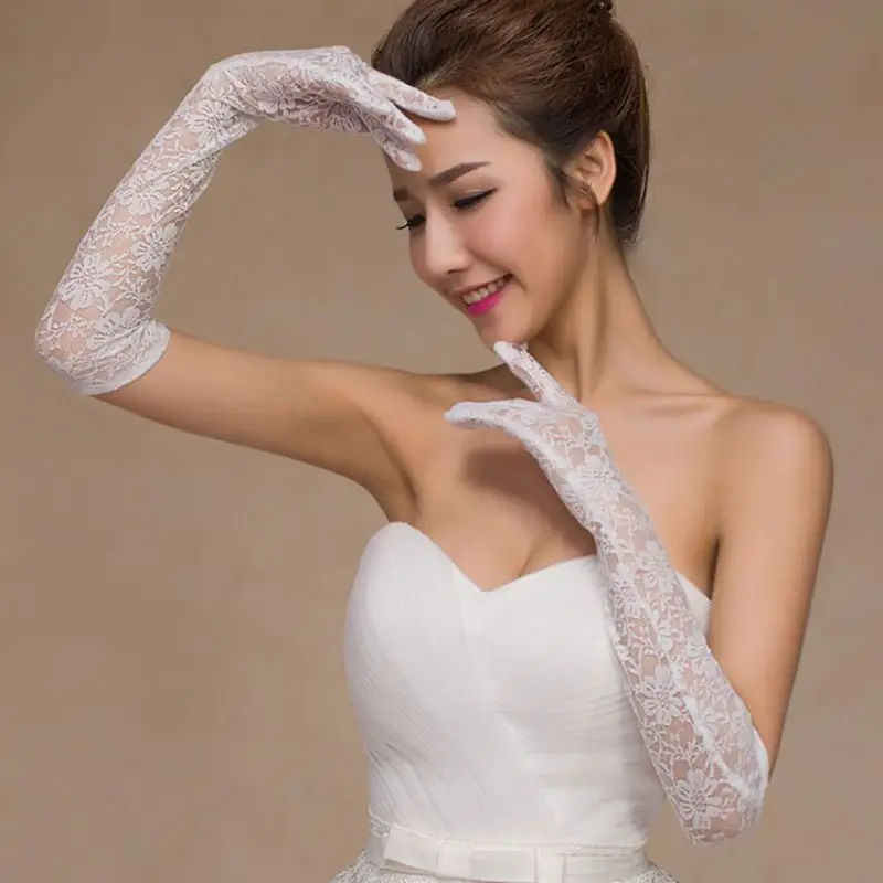 Women Summer UV-Proof Driving Elbow Long Gloves Mesh Floral Lace Wedding Mittens