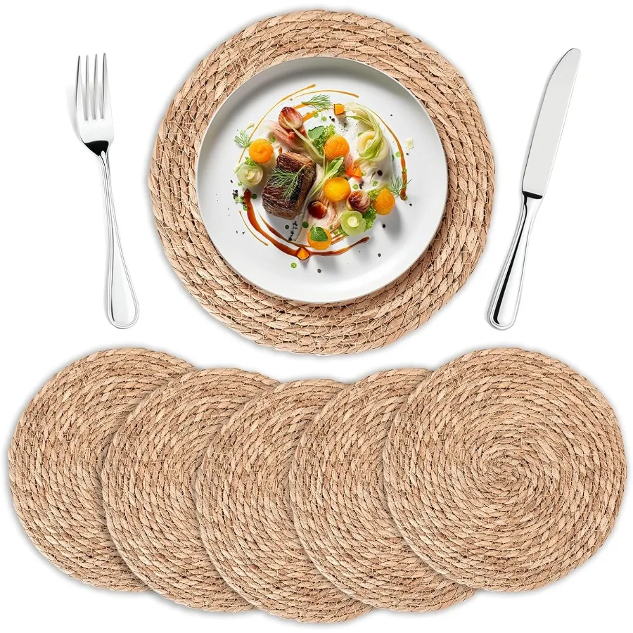 

Round Woven Placemats Set of 6 Handmade Natural Wicker Placemats for Holiday Wedding Home Slip Heat Resistant Rattan Chargers f