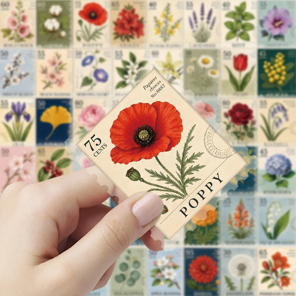 50pcs Vintage Botanical Stamp PET Stickers, Waterproof Retro Floral Decals (Rose, Tulip, Daisy, Ginkgo), DIY Scrapbooking Journa
