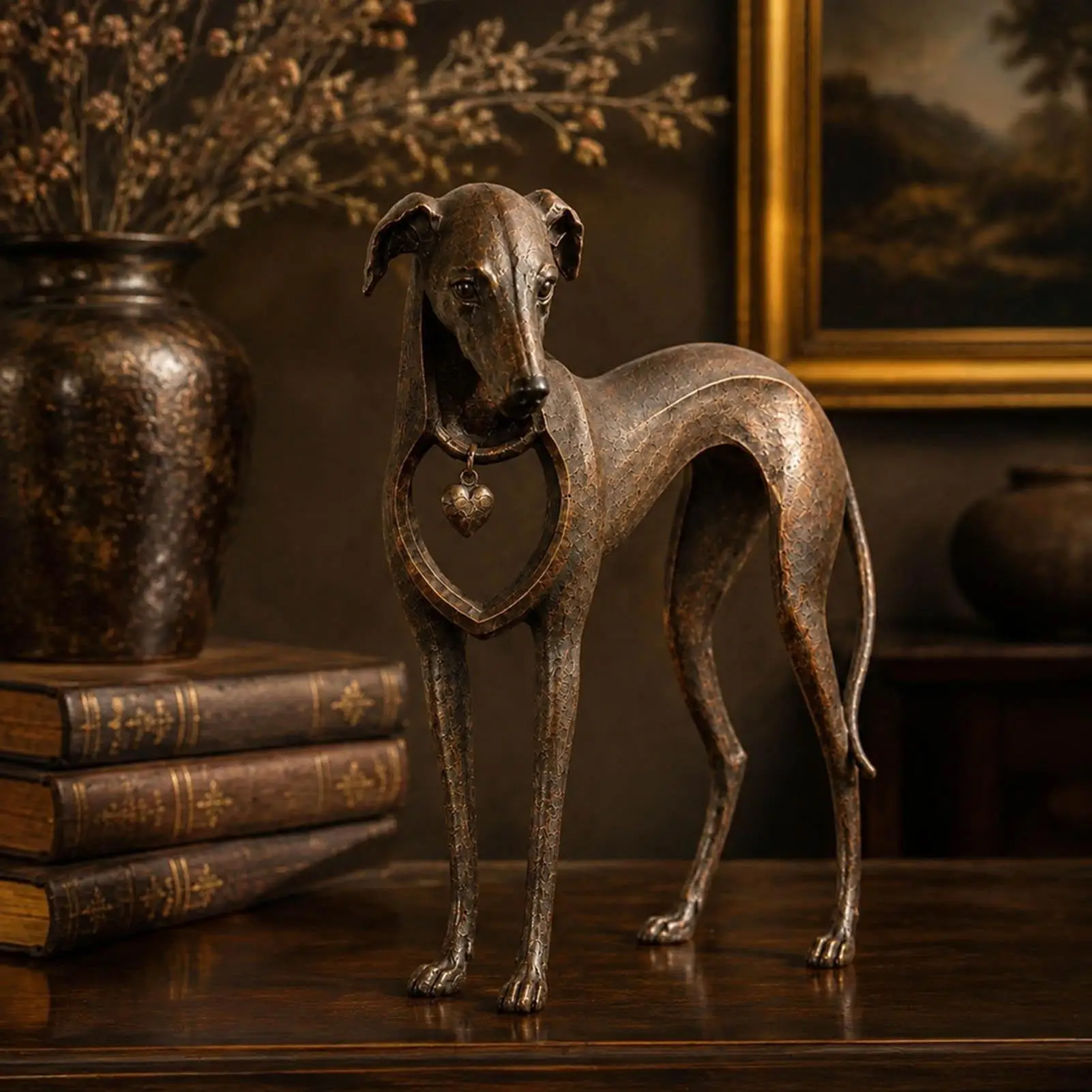 Greyhound Sculpture Resin Dog Figurine Retro Bronze Heart Ornament for Dog Lovers Pet Memorial Living Room Decor